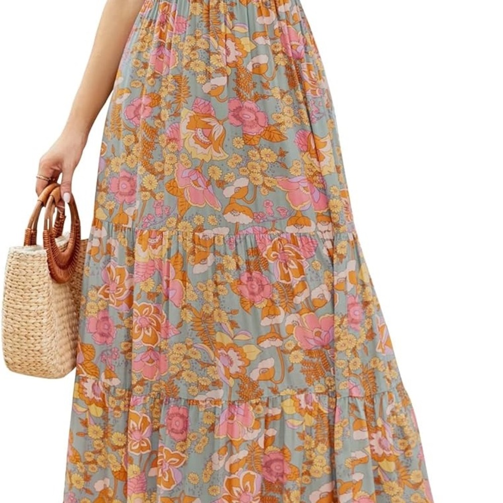 Women's Floral Maxi Dress - Orange and Pink - Picture 4 of 12